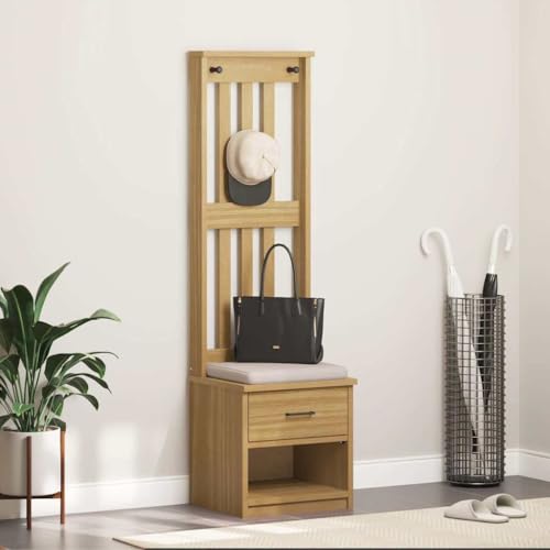 QJBSAVVA Garderobenständer SANDNES aus massivem Kiefernholz 45x40x159,5 cm mit Schublade und Haken für Flur Eingangsbereich und Schlafzimmer von QJBSAVVA