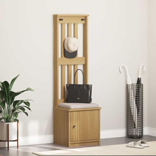 QJBSAVVA Garderobenständer aus Massivholz Kiefer mit Sitzbank und Stauraum 45x40x159,5 cm Walnussoptik Flurmöbel für Eingangsbereich und Schlafzimmer von QJBSAVVA