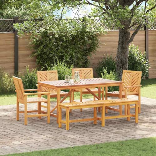 QJBSAVVA Garten Essgruppe aus massivem Akazienholz 5-teiliges Set mit Tisch Bank und 4 Stühlen Modernes Design Wetterfest für Terrasse Garten und Outdoorbereich von QJBSAVVA