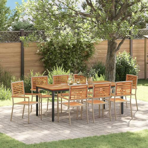 QJBSAVVA Garten Essset Beige 8 Personen Outdoor Esstisch mit Poly Rattan und Holzoberfläche Modernes Design für Balkon Terrasse oder Garten von QJBSAVVA