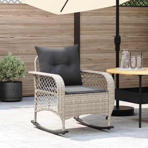 QJBSAVVA Garten-Schaukelstuhl mit Kissen Hellgrau PE-Rattan Schaukelstuhl für Balkon Garten und Terrasse Bequemer Outdoor Sessel mit Polsterung und Stahlrahmen 110 kg Belastbarkeit von QJBSAVVA