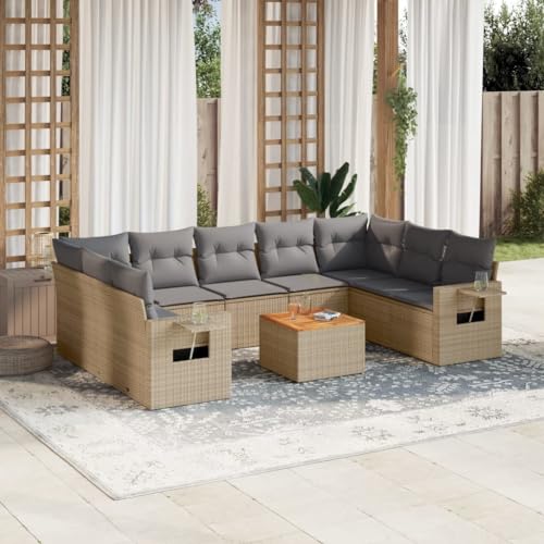 QJBSAVVA Garten Sofa Set 10 TLG Beige PE Rattan mit Kissen und Akazienholz Tisch Modulares Design für Garten Terrasse Balkon QJBSAVVA Garten Sofa Set 10 TLG Beige PE Rattan mit Kissen und Akazienholz Tisch Modulares Design für Garten Terrasse Balkon von QJBSAVVA