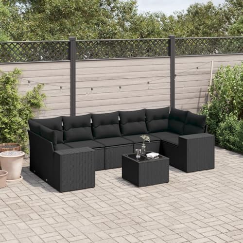 QJBSAVVA Garten-Sofa Set 8-TLG. Schwarz Poly Rattan Ecksofa Mittelsofa Sofa mit Armlehnen Glastisch und Kissen platzsparend modular für Balkon Terrasse oder kleine Outdoor-Sitzecke von QJBSAVVA