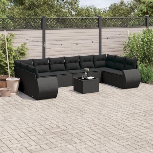 QJBSAVVA Garten Sofa Set Schwarz 11 teilig PE Rattan mit Kissen und Glas Tisch für Terrasse Balkon Garten von QJBSAVVA