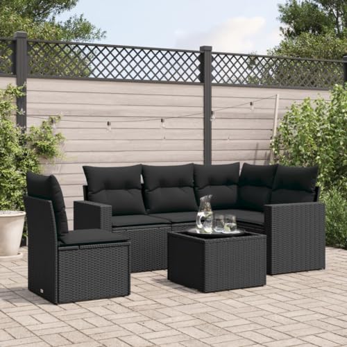 QJBSAVVA Garten Sofa Set Schwarz 6 TLG PE Rattan mit Kissen und Glas Tisch Modulares Design für Garten Terrasse Balkon von QJBSAVVA