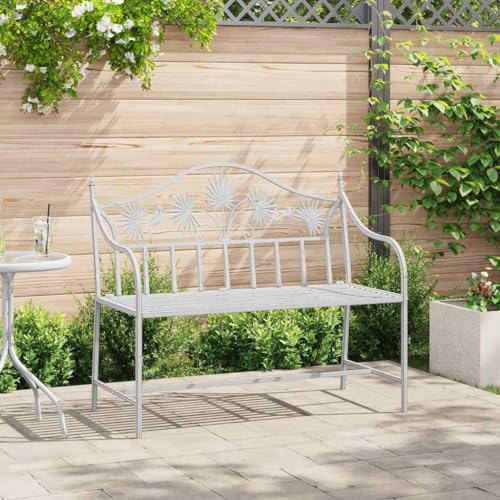 QJBSAVVA Gartenbank Weiß Metall 104 x 52,5 x 89 cm Robust und Langlebig mit Vogel- und Blumenmuster für Garten Terrasse oder Balkon von QJBSAVVA