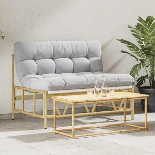 QJBSAVVA Gartenbank aus Bambusfaser mit Kissen 110 x 75 x 71 cm Grau Rechteckige Outdoor Bank für Terrasse Balkon und Garten Modernes Design Robuste Materialien von QJBSAVVA