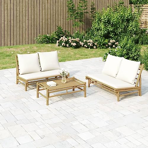 QJBSAVVA Gartenlounge Set aus Bambus mit cremeweißen Kissen 2-TLG. Couchtisch 100 x 55 cm Bank 115 x 85 cm Robust und platzsparend für Balkon Terrasse und Garten von QJBSAVVA