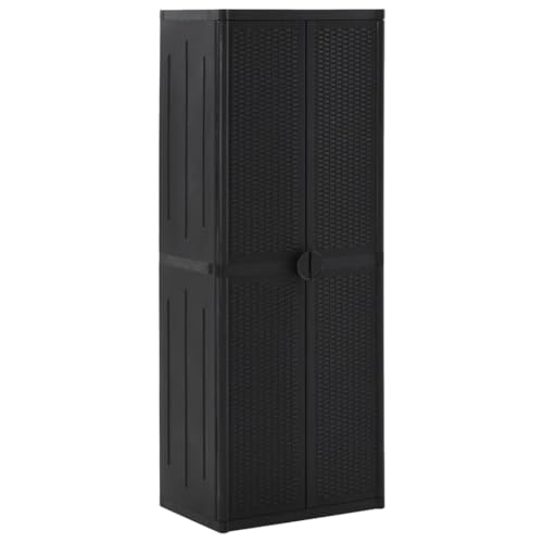 QJBSAVVA Gartenschrank Schwarz 65x45x172 cm aus PP mit Rattan-Optik 4 Böden & Besenhalter Langlebiger Lagerschrank für Garten Terrasse und Balkon von QJBSAVVA