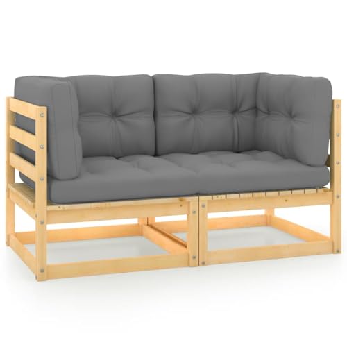 QJBSAVVA Gartensofa 2-Sitzer aus massivem Kiefernholz 70x70x67 cm mit grauen Outdoor-Kissen Modernes modulares Design Robust und Langlebig für Garten Terrasse kleinen Balkon von QJBSAVVA