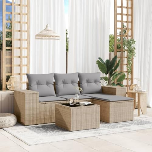 QJBSAVVA Gartensofa 5-Teilig Poly-Rattan Lounge Set in Beige mit abnehmbaren Kissen und Glastisch Modernes Design und Langlebigkeit für Garten Terrasse Balkon und Innenhof QJBSAVVA Gartensofa 5-Teilig Poly-Rattan Lounge Set in Beige mit abnehmbaren Kissen und Glastisch Modernes Design und Langlebigkeit für Garten Terrasse Balkon und Innenhof von QJBSAVVA