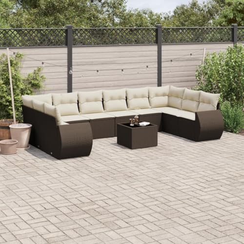 QJBSAVVA Gartensofa Lounge Set 11 teilig Braun Poly Rattan Ecksofa mit Mittel und Armlehnen Glastisch 55x55 cm Cremefarbene Kissen Modular Outdoor Möbel für Garten Terrasse Balkon QJBSAVVA Gartensofa Lounge Set 11 teilig Braun Poly Rattan Ecksofa mit Mittel und Armlehnen Glastisch 55x55 cm Cremefarbene Kissen Modular Outdoor Möbel für Garten Terrasse Balkon von QJBSAVVA