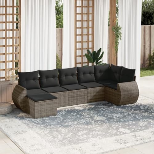 QJBSAVVA Gartensofa Set 7-teilig Poly Rattan Lounge Sofa Grau mit dicken Sofakissen und modularem Design für Flexibles Arrangement auf Balkon Terrasse und Garten von QJBSAVVA