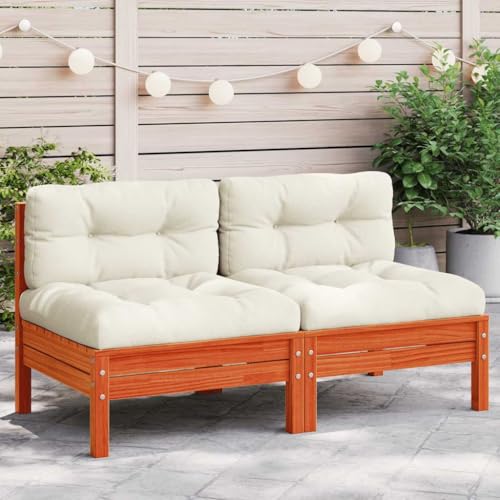 QJBSAVVA Gartensofa ohne Armlehnen 2er Set Wachsbraun Kiefer 63x63x62,5 cm mit cremefarbenen Oxford-Kissen, Outdoor Lounge Möbel modular platzsparend für kleine Balkone Terrasse Garten Hof QJBSAVVA Gartensofa ohne Armlehnen 2er Set Wachsbraun Kiefer 63x63x62,5 cm mit cremefarbenen Oxford-Kissen, Outdoor Lounge Möbel modular platzsparend für kleine Balkone Terrasse Garten Hof von QJBSAVVA