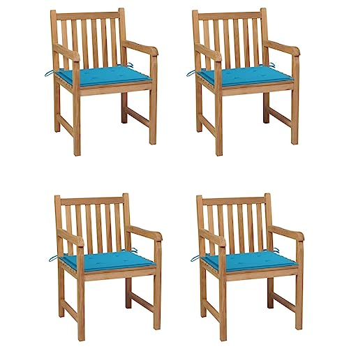 QJBSAVVA Gartenstühle, küchenstühle Stuhl schminktisch eckbank stühle Geeignet für Flur Esszimmer Schlafzimmer Terrasse 4 STK. mit Blauen Kissen Massivholz Teak von QJBSAVVA