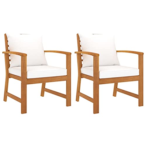 QJBSAVVA Gartenstühle 2er Set aus Massivholz Akazie mit Cremeweißen Kissen Wetterbeständige Outdoor Möbel für Terrasse Garten und Balkon von QJBSAVVA