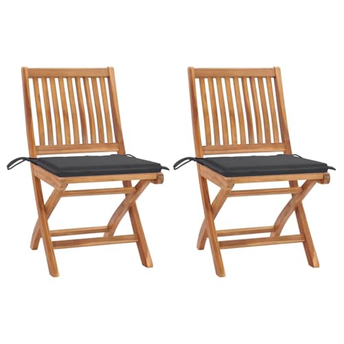 QJBSAVVA Gartenstühle 2er Set aus massivem Teakholz mit Anthrazit Kissen Klappbare Outdoor Stühle für Balkon Garten und Camping von QJBSAVVA