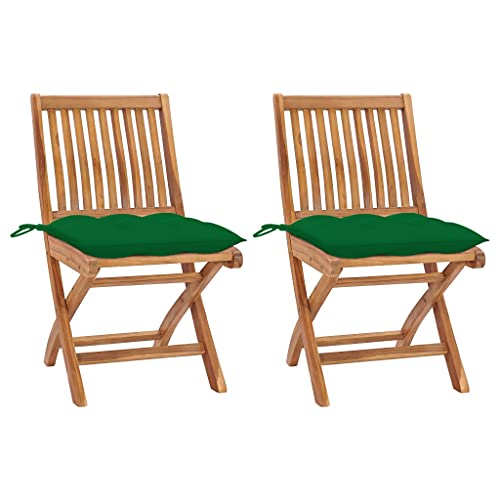 QJBSAVVA Gartenstühle 2er Set aus massivem Teakholz mit grünen Polstern Klappbare Outdoor Stühle für Balkon Garten und Camping 46.5 x 58 x 88 cm von QJBSAVVA