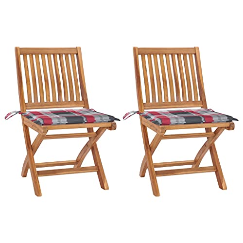 QJBSAVVA Gartenstühle 2er Set aus massivem Teakholz mit rotem Karomuster-Kissen Klappstühle für Balkon Garten und Outdoor Bereich von QJBSAVVA