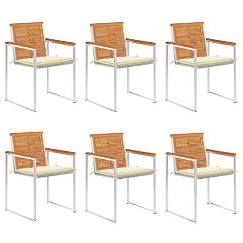 QJBSAVVA Gartenstühle 6er Set mit Kissen aus massivem Akazienholz und Edelstahl 60 x 56 x 85 cm Wetterfest & Stapelbar für Terrasse Balkon und Garten von QJBSAVVA
