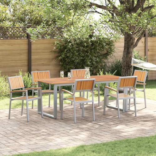 QJBSAVVA Gartenstühle Set aus Stahl und Massivholz Akazie 6 Stück Grau Stapelbar Modernes Design für Terrasse Balkon und Garten Outdoor Stühle mit UV Beständigkeit von QJBSAVVA