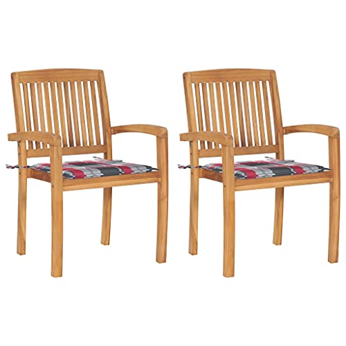 QJBSAVVA Gartenstühle aus Teakholz 2er Set mit Rotem Karomuster Kissen Wetterfest & Stapelbar für Garten Balkon und Terrasse 60 x 57.5 x 90 cm von QJBSAVVA