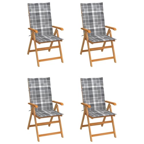 QJBSAVVA Gartenstühle aus Teakholz 4er Set mit Grauen Karomuster-Kissen Klappbar & 7-Fach Verstellbar für Garten Balkon und Terrasse Robust & Wetterbeständig von QJBSAVVA