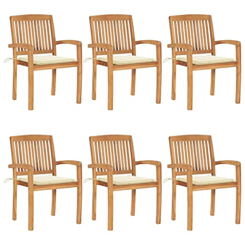 QJBSAVVA Gartenstühle aus Teakholz 6er Set mit Cremeweißen Kissen 60 x 57.5 x 90 cm Stapelbare Outdoor Stühle Wetterfest & Langlebig für Terrasse Balkon und Garten von QJBSAVVA
