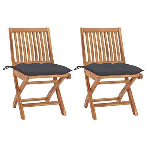 QJBSAVVA Gartenstühle aus massivem Teakholz 2er Set mit Anthrazit Kissen Klappbar & Wetterfest für Garten Balkon und Terrasse Bequeme Lounge Sessel mit Polster von QJBSAVVA