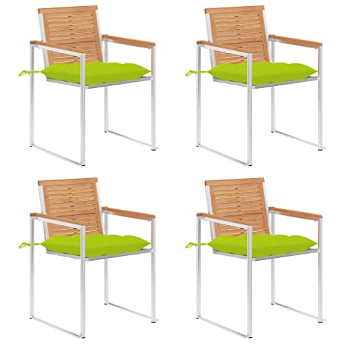 QJBSAVVA Gartenstühle aus massivem Teakholz mit Edelstahlgestell und hellgrünen Kissen 60 x 56 x 85 cm Wetterfest & Stapelbar für Terrasse Balkon und Garten von QJBSAVVA