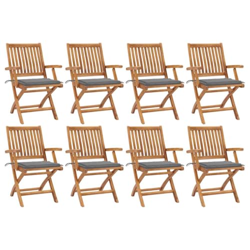 QJBSAVVA Gartenstuhl-Set aus Teakholz 8 Stück mit Grauen Kissen Klappbare Outdoor-Stühle für Balkon Garten und Camping 56 x 58 x 88 cm Wetterfest & Platzsparend von QJBSAVVA