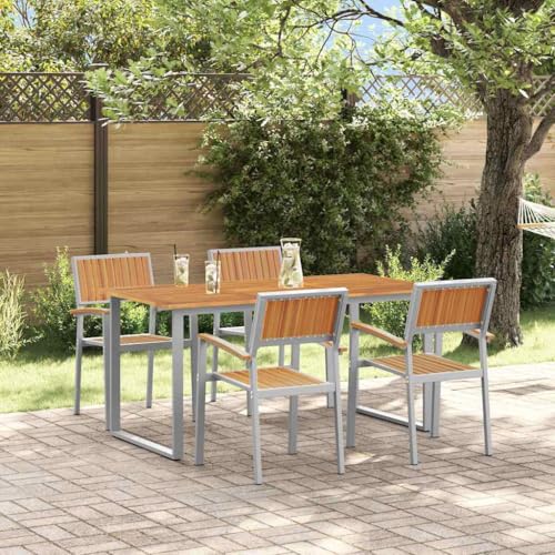 QJBSAVVA Gartentisch Grau 5-TLG. Essgruppe aus Stahl und Massivholz Akazie Modernes Design Robuste Konstruktion für Balkon Terrasse und Garten von QJBSAVVA