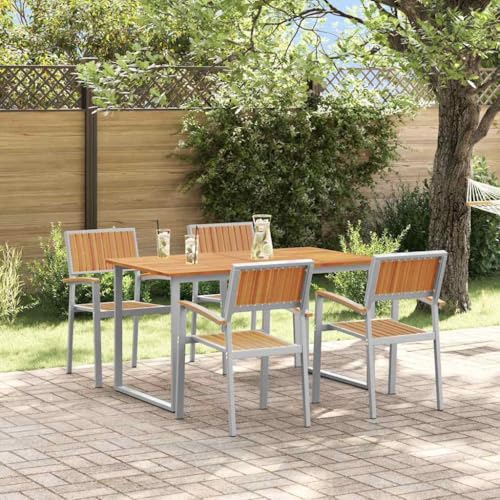 QJBSAVVA Gartentisch Grau 5-TLG. Essgruppe aus pulverbeschichtetem Stahl und Massivholz Akazie Modernes Design Robust und Wetterfest für Garten Terrasse und Balkon von QJBSAVVA
