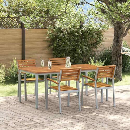 QJBSAVVA Gartentisch Set 5 teilig mit 4 Stühlen Rechteckiger Esstisch aus Metall und Massivholz Akazie Grau Wetterfest Modernes Design für Terrasse Balkon und Garten von QJBSAVVA