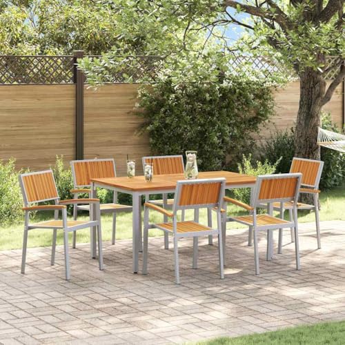 QJBSAVVA Gartentisch Set 7 teilig aus massivem Akazienholz und Metall Grau Rechteckig Modernes Design Robust & Wetterfest für Garten Terrasse und Balkon von QJBSAVVA