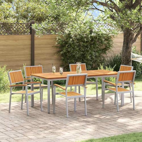 QJBSAVVA Gartentisch Set aus Akazienholz und Metall Rechteckiger Esstisch mit 6 Stühlen Modernes Design für Garten Terrasse und Balkon Robust und Wetterfest von QJBSAVVA