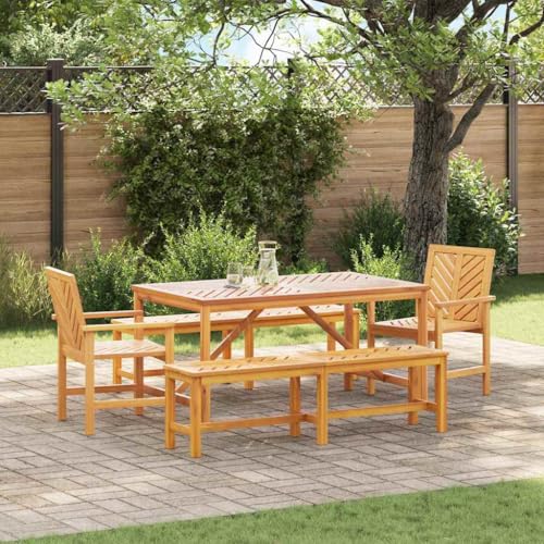 QJBSAVVA Gartentisch Set aus massivem Akazienholz mit 2 Bänken und 2 Stühlen Rechteckiger Esstisch für 6 Personen Wetterfestes Gartenmöbel Set für Terrasse und Balkon von QJBSAVVA
