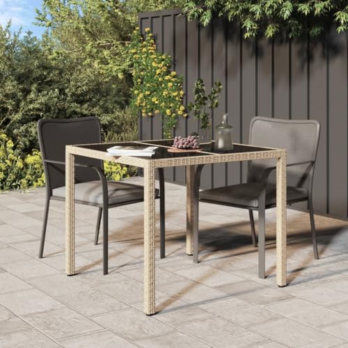 QJBSAVVA Gartentisch aus Poly Rattan mit gehärtetem Glas 90 x 90 x 75 cm Beige und Schwarz Robust & Leicht für Terrasse Balkon und Garten von QJBSAVVA