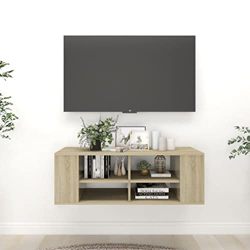 QJBSAVVA Hängender TV-Schrank Sonoma-Eiche Holzwerkstoff 102x35x35 cm mit verstellbaren Böden & Seitenfächern Moderner Wandschrank für Wohnzimmer und Wohnwand von QJBSAVVA