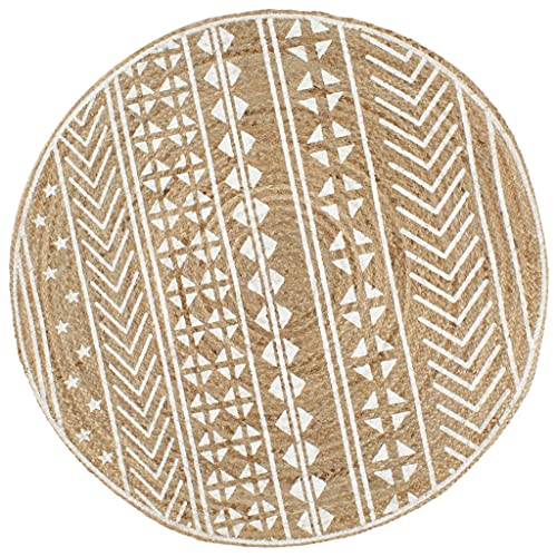 QJBSAVVA Handgewebter Jute Teppich mit Geometrischem Muster 90 cm Durchmesser Natur und Weiß Moderner Wohnaccessoire für Wohnzimmer Balkon und Schlafzimmer von QJBSAVVA