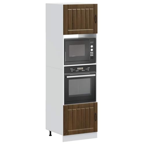 QJBSAVVA Herdumbauschrank Lucca 2er Set Braun Eichen-Optik Holzwerkstoff 60 x 57 x 207 cm Stauraum für Ofen & Mikrowelle mit verstellbaren Füßen für Küche & Wohnzimmer von QJBSAVVA
