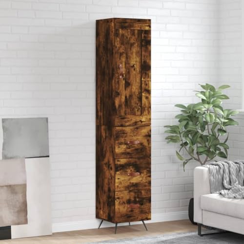 QJBSAVVA Highboard Räuchereiche 34,5x34x180 cm Holzwerkstoff Modernes Design mit Metallfüßen für Wohnzimmer, Küche oder Flur von QJBSAVVA