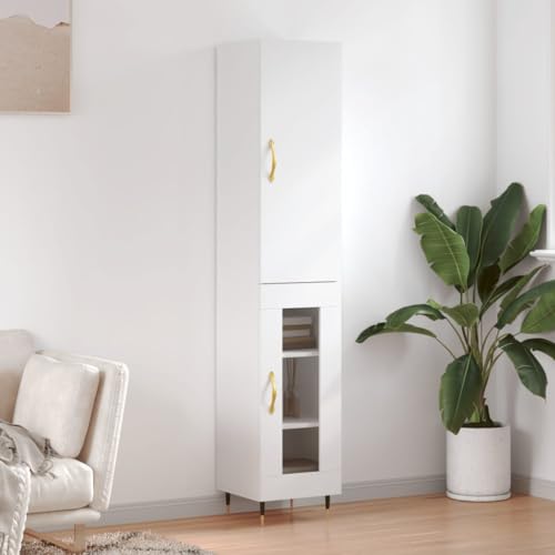 QJBSAVVA Highboard Weiß 34,5x34x180 cm Holzwerkstoff Modernes Design mit Metallfüßen & Glas - Stilvolles Sideboard für Wohnzimmer, Küche oder Flur von QJBSAVVA