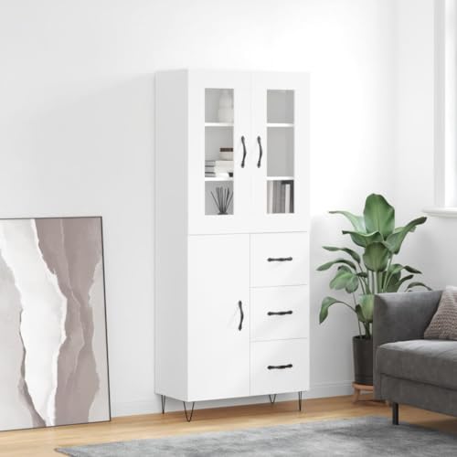 QJBSAVVA Highboard Weiß 69,5x34x180 cm Holzwerkstoff Modernes Design mit Metallfüßen für Wohnzimmer & Flur von QJBSAVVA