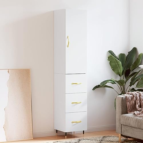QJBSAVVA Highboard Weiß aus Holzwerkstoff mit Metallfüßen, stilvolles Wohnzimmer Sideboard mit viel Stauraum, 34,5x34x180 cm, modernes Design für Flur, Schlafzimmer oder Küche von QJBSAVVA
