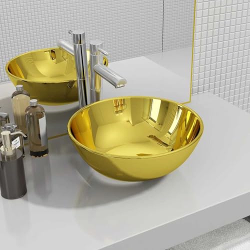 QJBSAVVA Keramik Waschbecken Golden 28 cm Aufsatzwaschbecken Schüsselform Hochglanz Finish Einfache Reinigung für Badezimmer Waschraum QJBSAVVA Keramik Waschbecken Golden 28 cm Aufsatzwaschbecken Schüsselform Hochglanz Finish Einfache Reinigung für Badezimmer Waschraum von QJBSAVVA