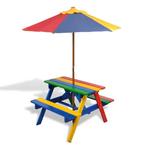 QJBSAVVA Kinder Picknicktisch mit Bänken und Sonnenschirm 75 x 85 x 52 cm Robustes Tannenholz Regenbogenfarben für Garten Balkon und Outdoor von QJBSAVVA