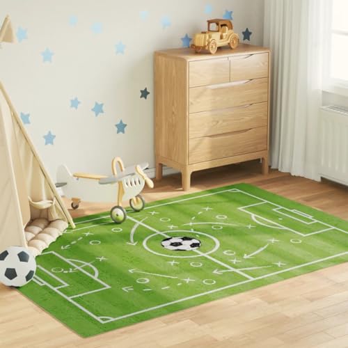 QJBSAVVA Kinderteppich Grün 160x230 cm Fußballfeld Design Weicher Samt rutschfeste Unterseite Geräuschdämmend Waschbar für Spielzimmer und Kinderzimmer von QJBSAVVA