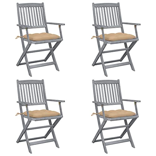 QJBSAVVA Klappbare Gartenstühle 4er Set mit Sitzkissen aus Massivholz Akazie Grau Wetterbeständig und Robust für Terrasse Balkon oder Camping von QJBSAVVA