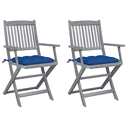 QJBSAVVA Klappbare Gartenstühle aus Massivholz Akazie mit Sitzpolstern 2er Set Grau Blau 54 x 57 x 91 cm Wetterfest & Faltbar für Terrasse Balkon und Camping von QJBSAVVA